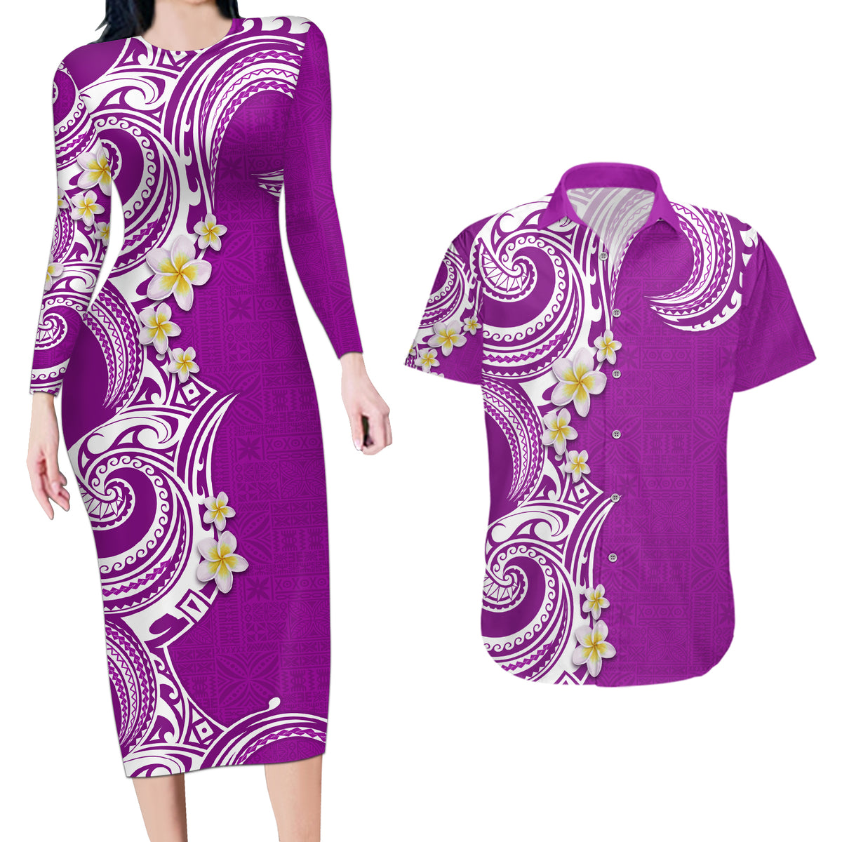Aloha Polynesian Plumeria Flower Couples Matching Long Sleeve Bodycon Dress and Hawaiian Shirt Purple Color LT03 Purple - Polynesian Pride