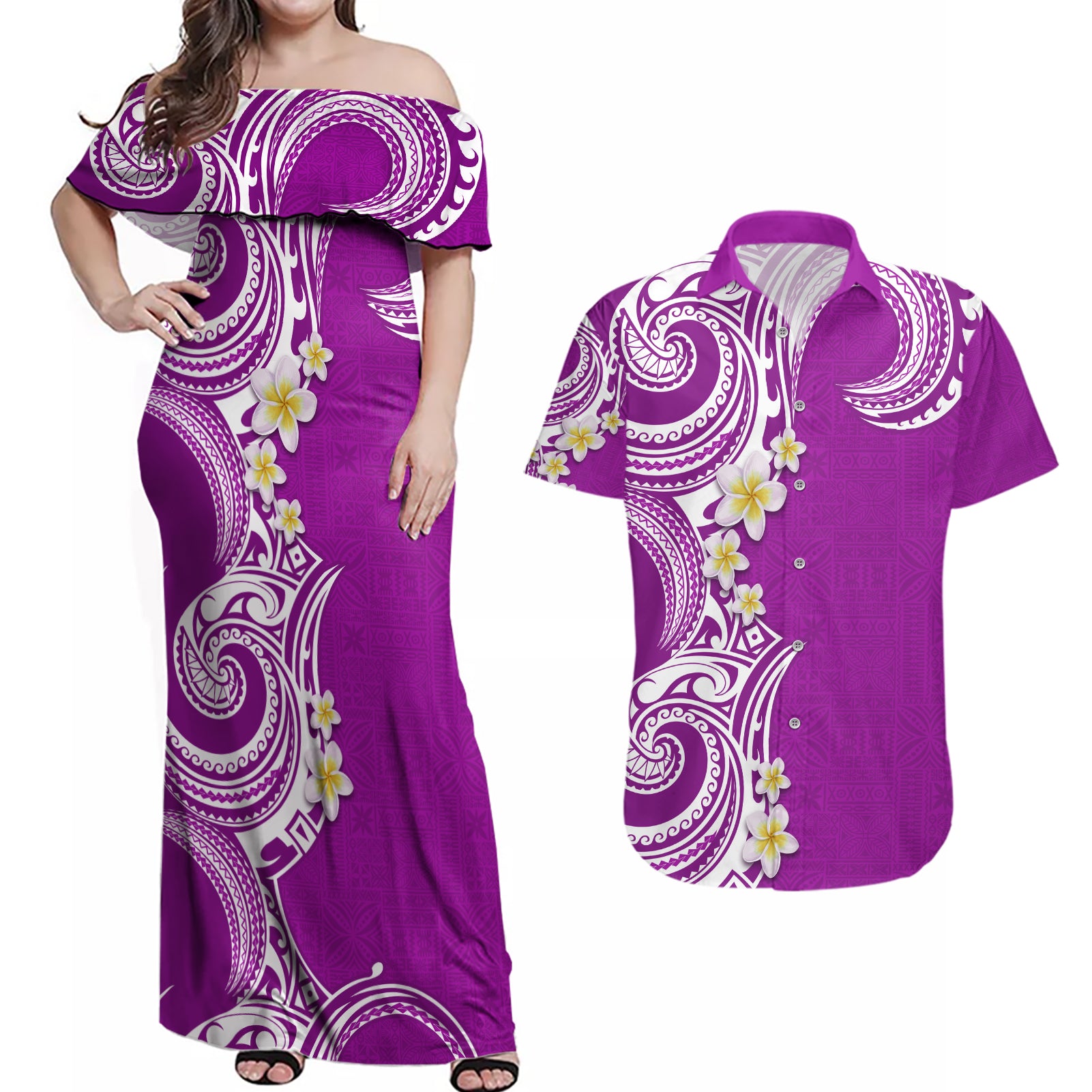 Aloha Polynesian Plumeria Flower Couples Matching Off Shoulder Maxi Dress and Hawaiian Shirt Purple Color