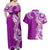 Aloha Polynesian Plumeria Flower Couples Matching Off Shoulder Maxi Dress and Hawaiian Shirt Purple Color