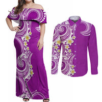 Aloha Polynesian Plumeria Flower Couples Matching Off Shoulder Maxi Dress and Long Sleeve Button Shirt Purple Color