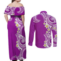 Aloha Polynesian Plumeria Flower Couples Matching Off Shoulder Maxi Dress and Long Sleeve Button Shirt Purple Color