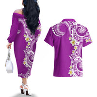 Aloha Polynesian Plumeria Flower Couples Matching Off The Shoulder Long Sleeve Dress and Hawaiian Shirt Purple Color