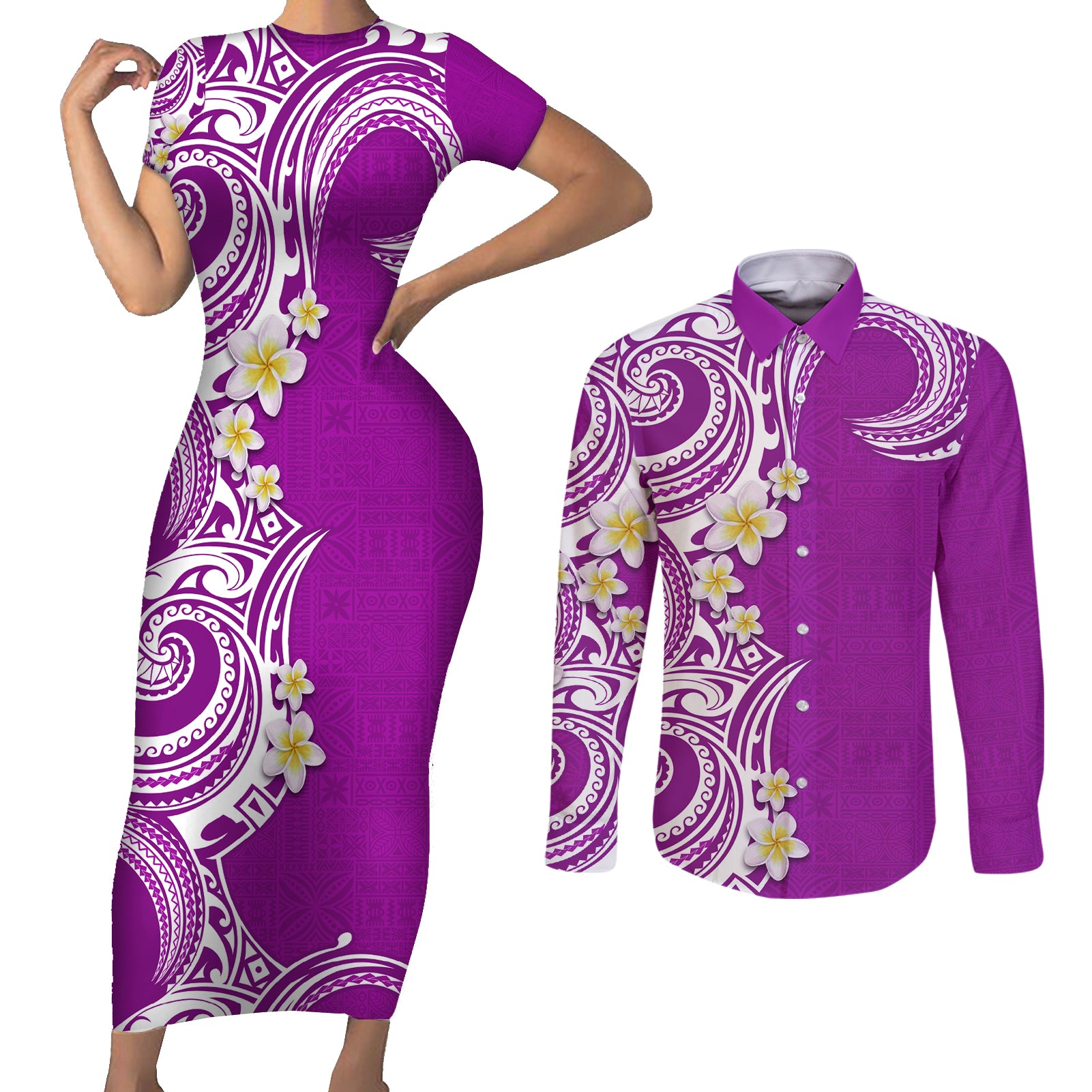 Aloha Polynesian Plumeria Flower Couples Matching Short Sleeve Bodycon Dress and Long Sleeve Button Shirt Purple Color