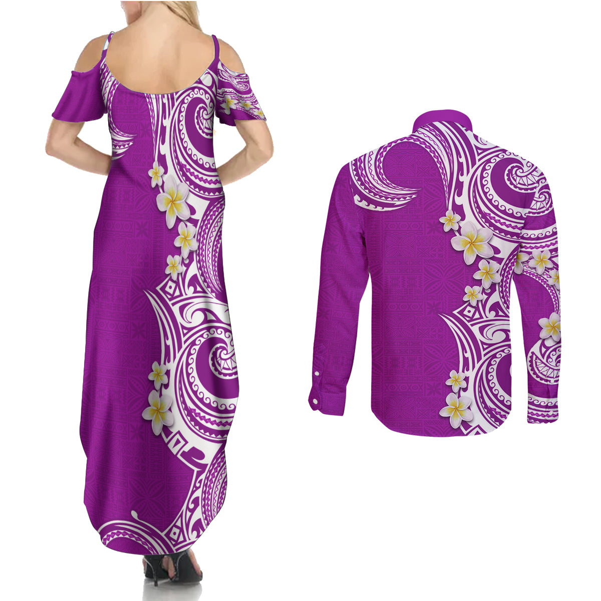 Aloha Polynesian Plumeria Flower Couples Matching Summer Maxi Dress and Long Sleeve Button Shirt Purple Color