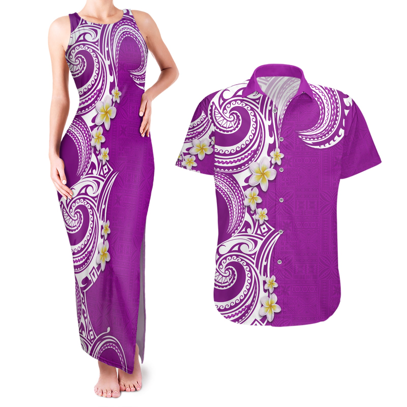 Aloha Polynesian Plumeria Flower Couples Matching Tank Maxi Dress and Hawaiian Shirt Purple Color