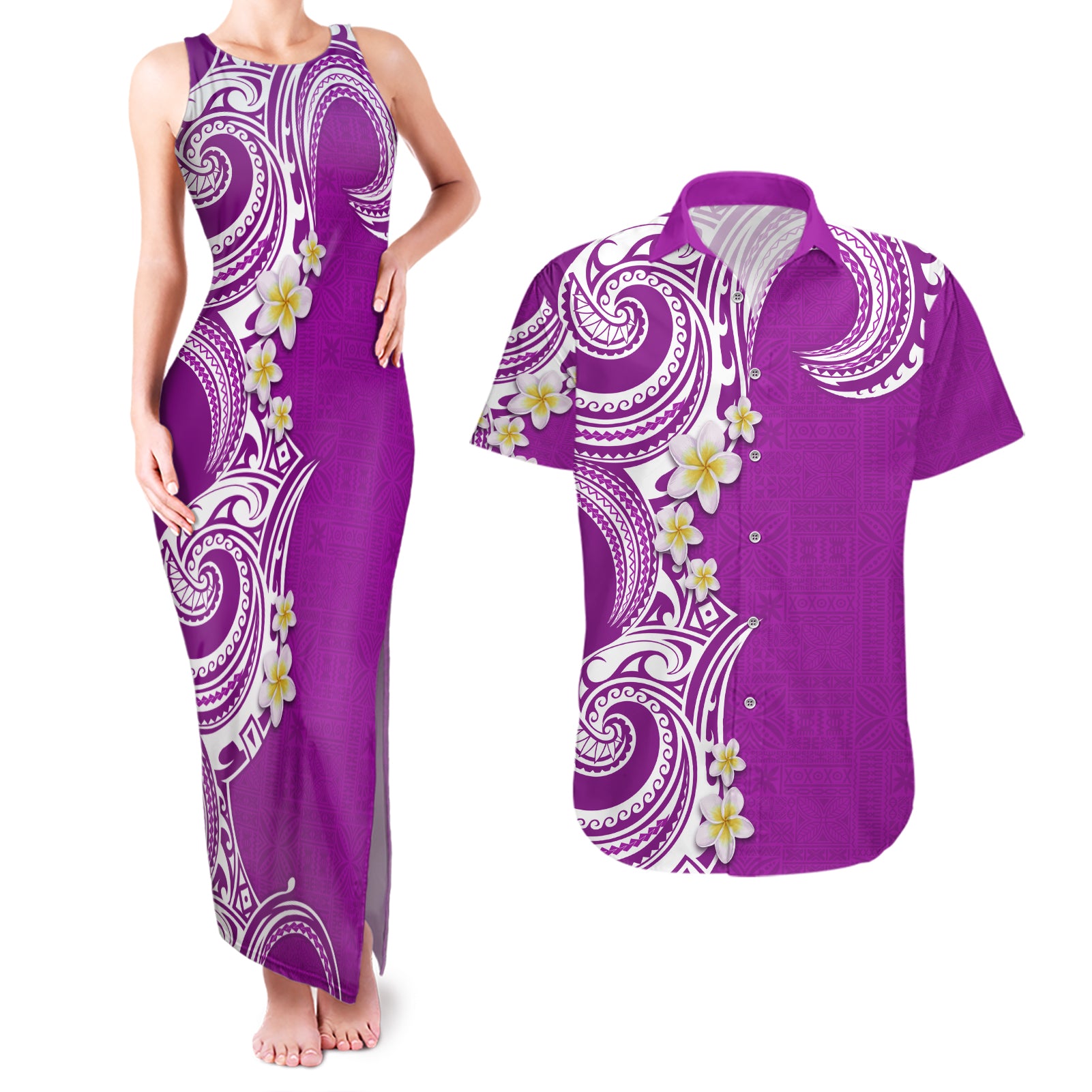 Aloha Polynesian Plumeria Flower Couples Matching Tank Maxi Dress and Hawaiian Shirt Purple Color