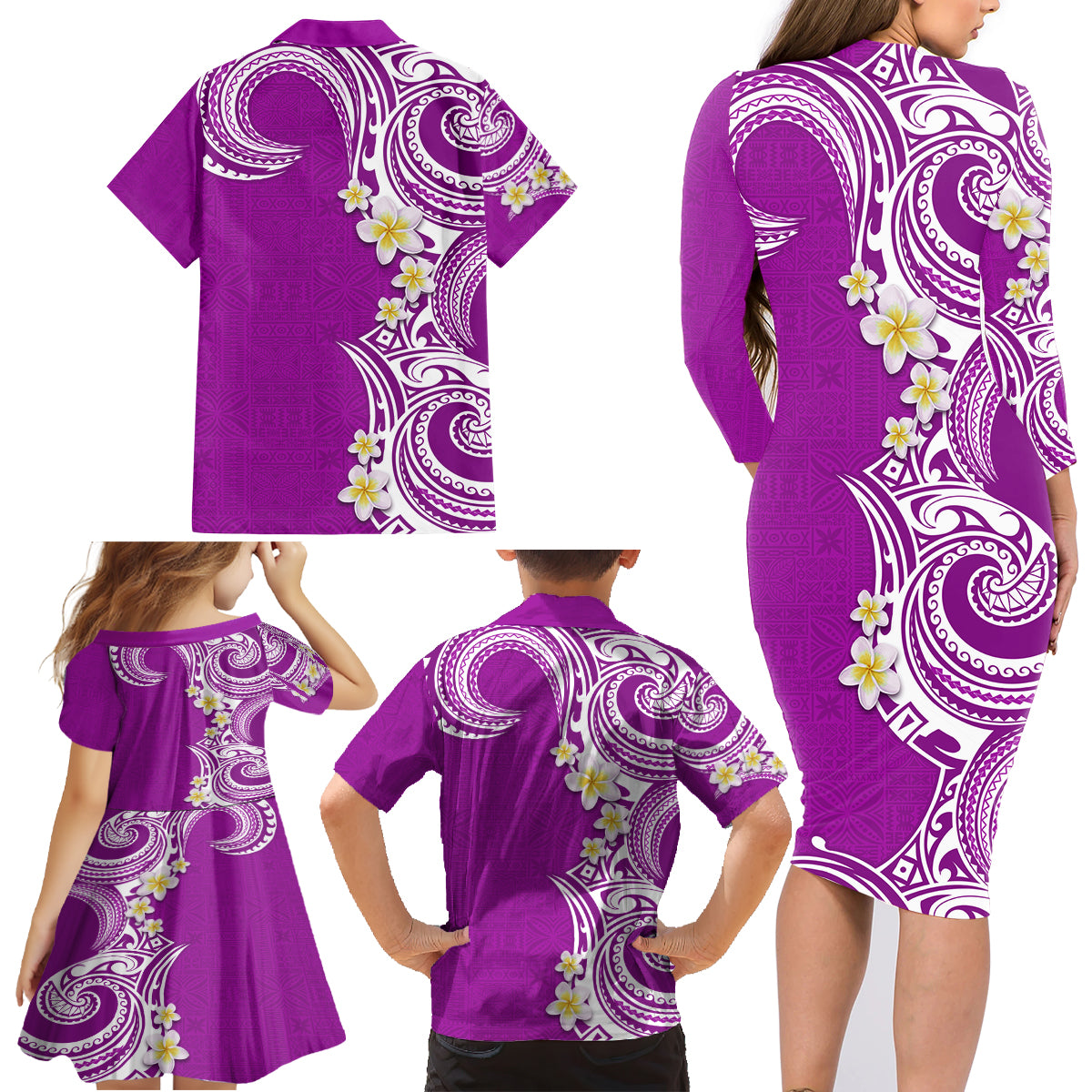 Aloha Polynesian Plumeria Flower Family Matching Long Sleeve Bodycon Dress and Hawaiian Shirt Purple Color LT03 - Polynesian Pride