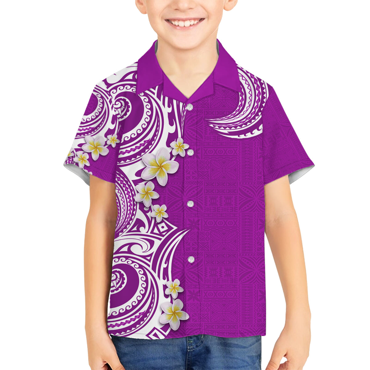 Aloha Polynesian Plumeria Flower Family Matching Long Sleeve Bodycon Dress and Hawaiian Shirt Purple Color LT03 Son's Shirt Purple - Polynesian Pride