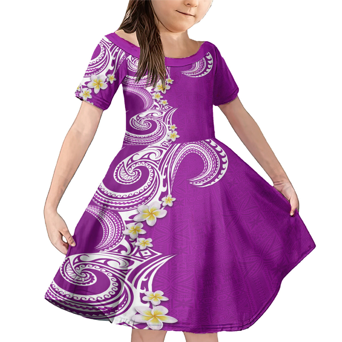 Aloha Polynesian Plumeria Flower Family Matching Mermaid Dress and Hawaiian Shirt Purple Color LT03 Daughter's Dress Purple - Polynesian Pride