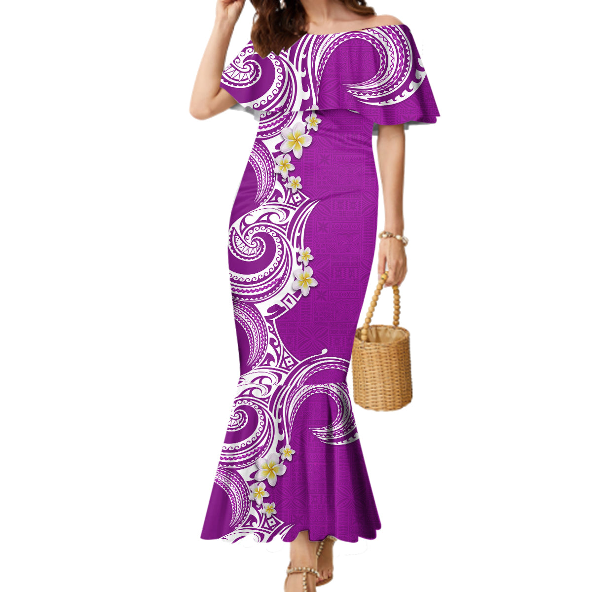 Aloha Polynesian Plumeria Flower Family Matching Mermaid Dress and Hawaiian Shirt Purple Color LT03 Mom's Dress Purple - Polynesian Pride