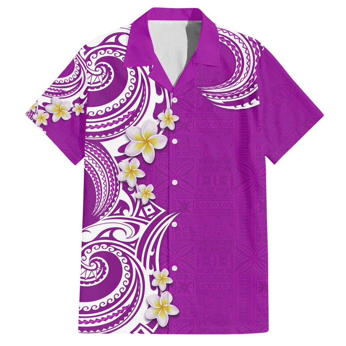 Aloha Polynesian Plumeria Flower Family Matching Off Shoulder Maxi Dress and Hawaiian Shirt Purple Color