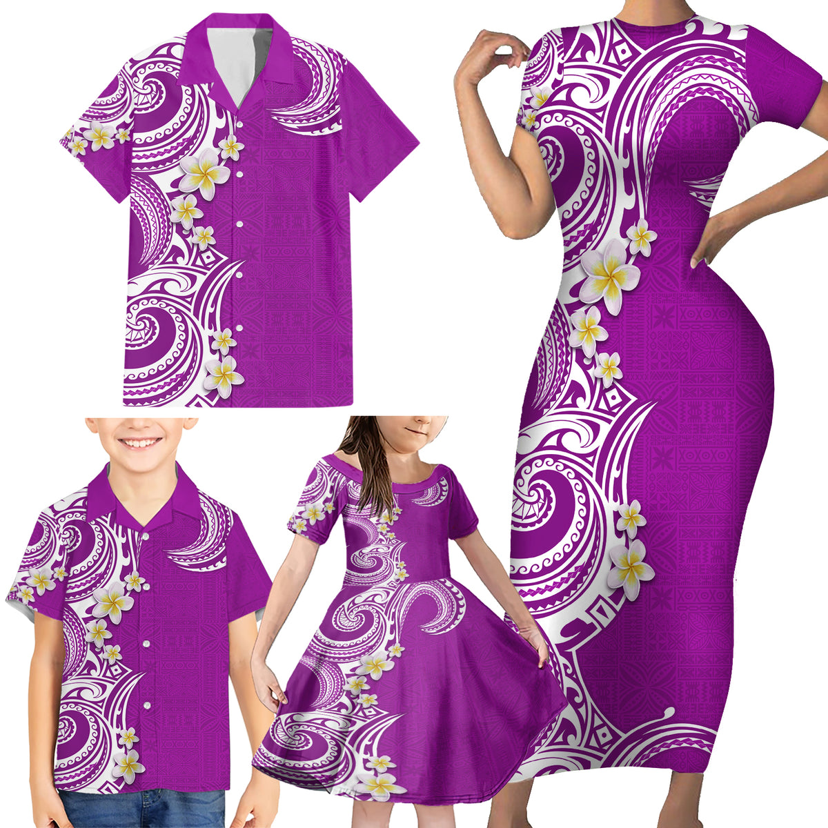 Aloha Polynesian Plumeria Flower Family Matching Short Sleeve Bodycon Dress and Hawaiian Shirt Purple Color LT03 - Polynesian Pride