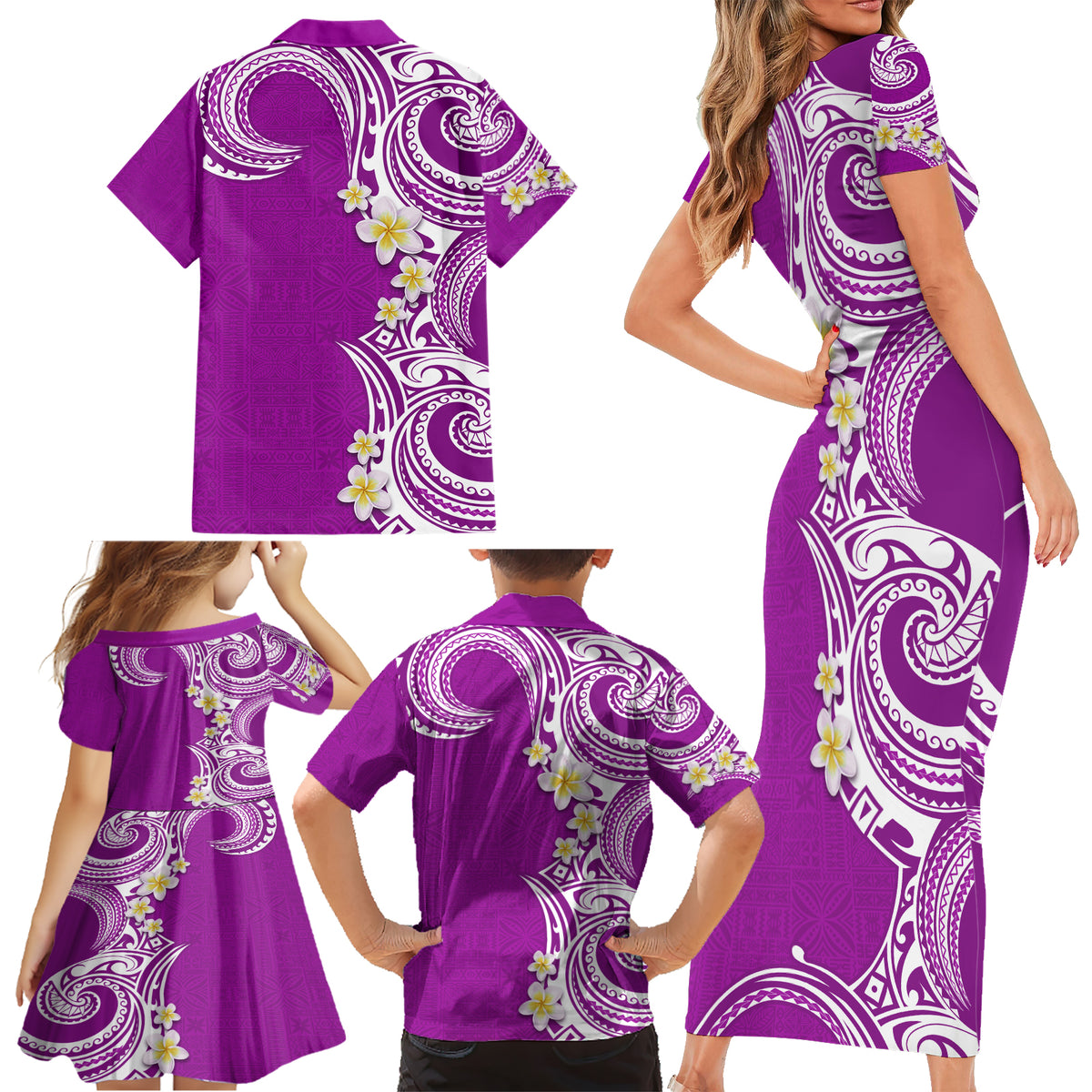 Aloha Polynesian Plumeria Flower Family Matching Short Sleeve Bodycon Dress and Hawaiian Shirt Purple Color LT03 - Polynesian Pride