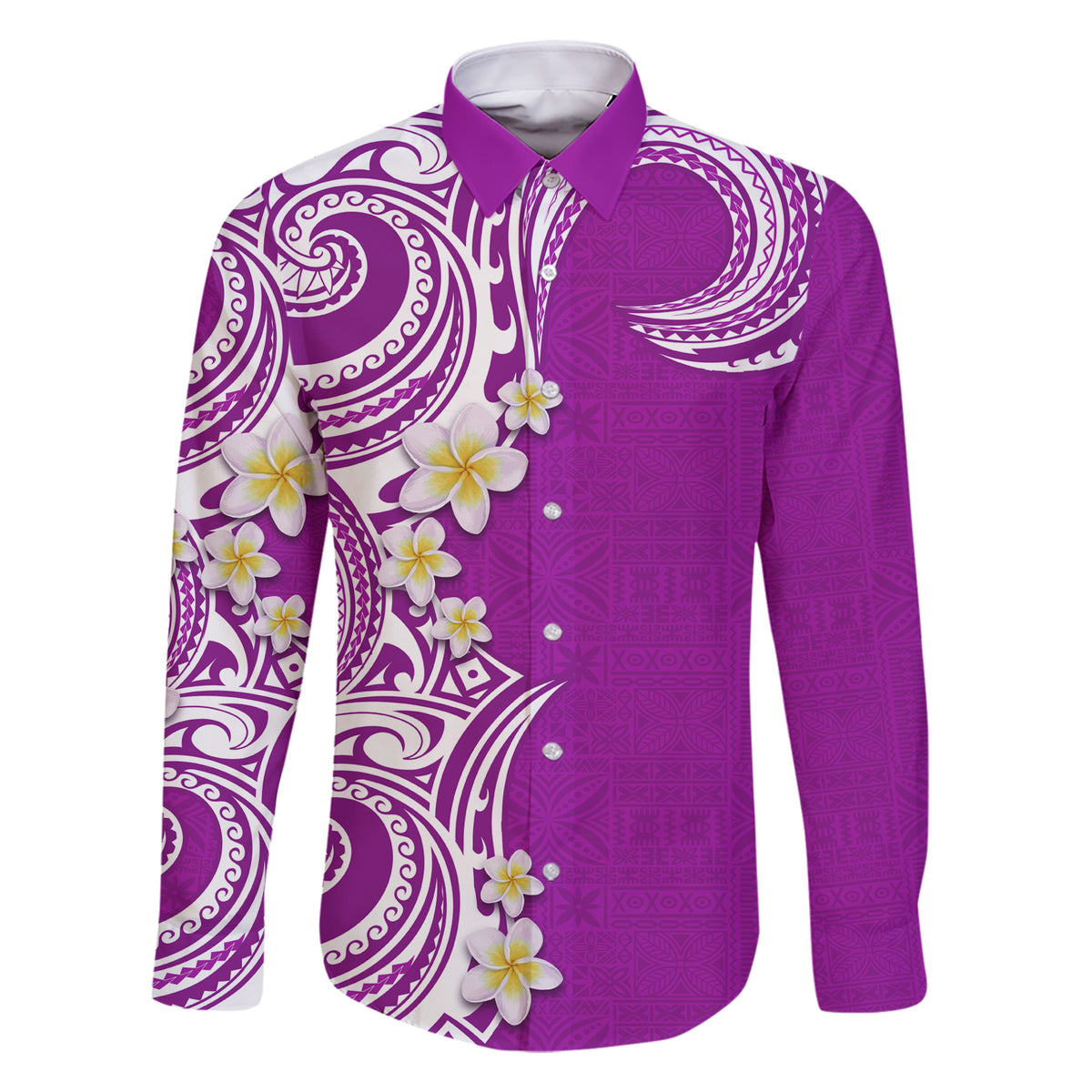 Aloha Polynesian Plumeria Flower Family Matching Short Sleeve Bodycon Dress and Hawaiian Shirt Purple Color LT03 Dad's Shirt - Long Sleeve Purple - Polynesian Pride