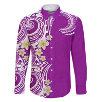 Aloha Polynesian Plumeria Flower Family Matching Short Sleeve Bodycon Dress and Hawaiian Shirt Purple Color LT03 Dad's Shirt - Long Sleeve Purple - Polynesian Pride