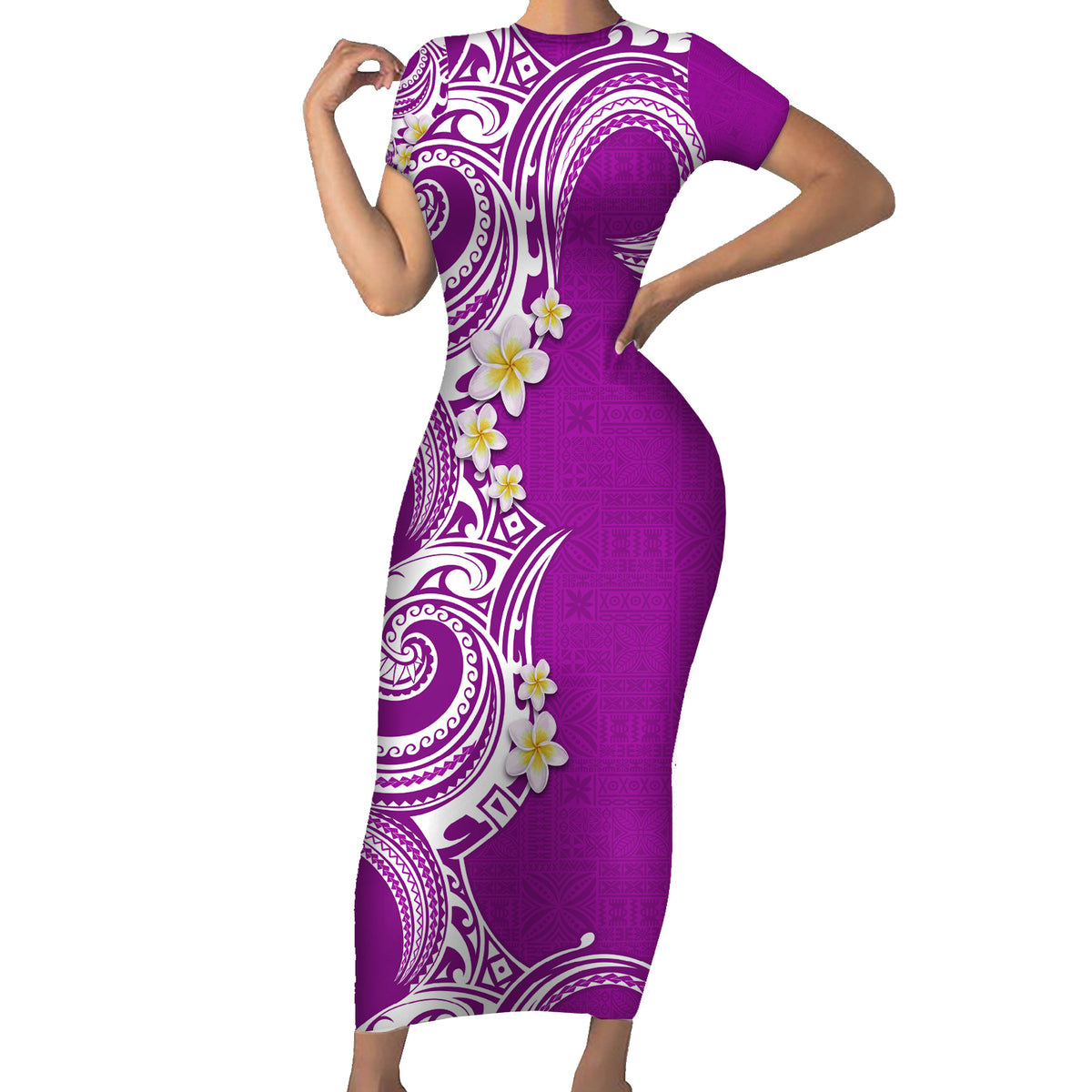 Aloha Polynesian Plumeria Flower Family Matching Short Sleeve Bodycon Dress and Hawaiian Shirt Purple Color LT03 Mom's Dress Purple - Polynesian Pride