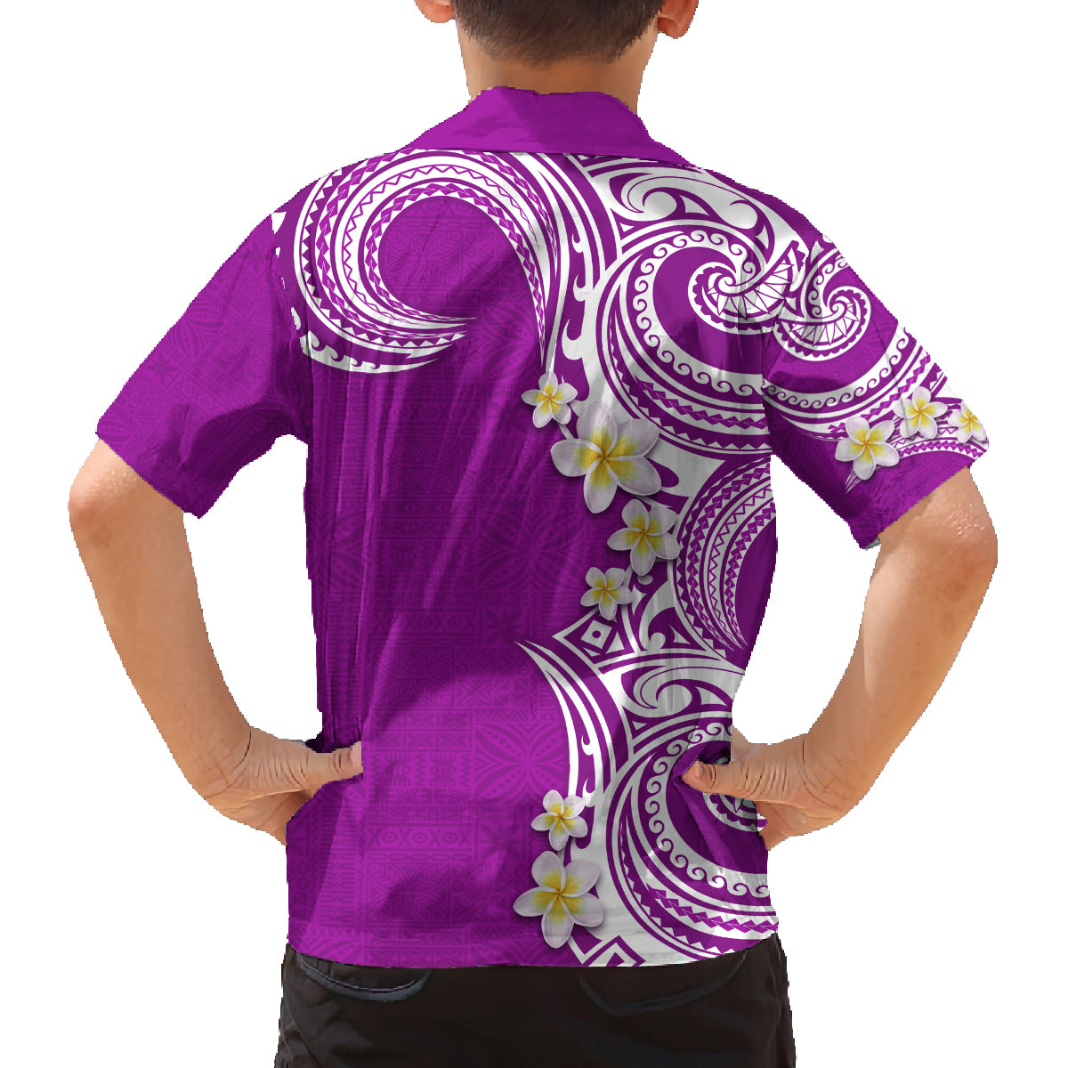 Aloha Polynesian Plumeria Flower Family Matching Tank Maxi Dress and Hawaiian Shirt Purple Color