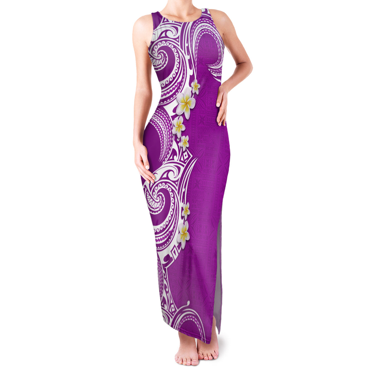 Aloha Polynesian Plumeria Flower Family Matching Tank Maxi Dress and Hawaiian Shirt Purple Color