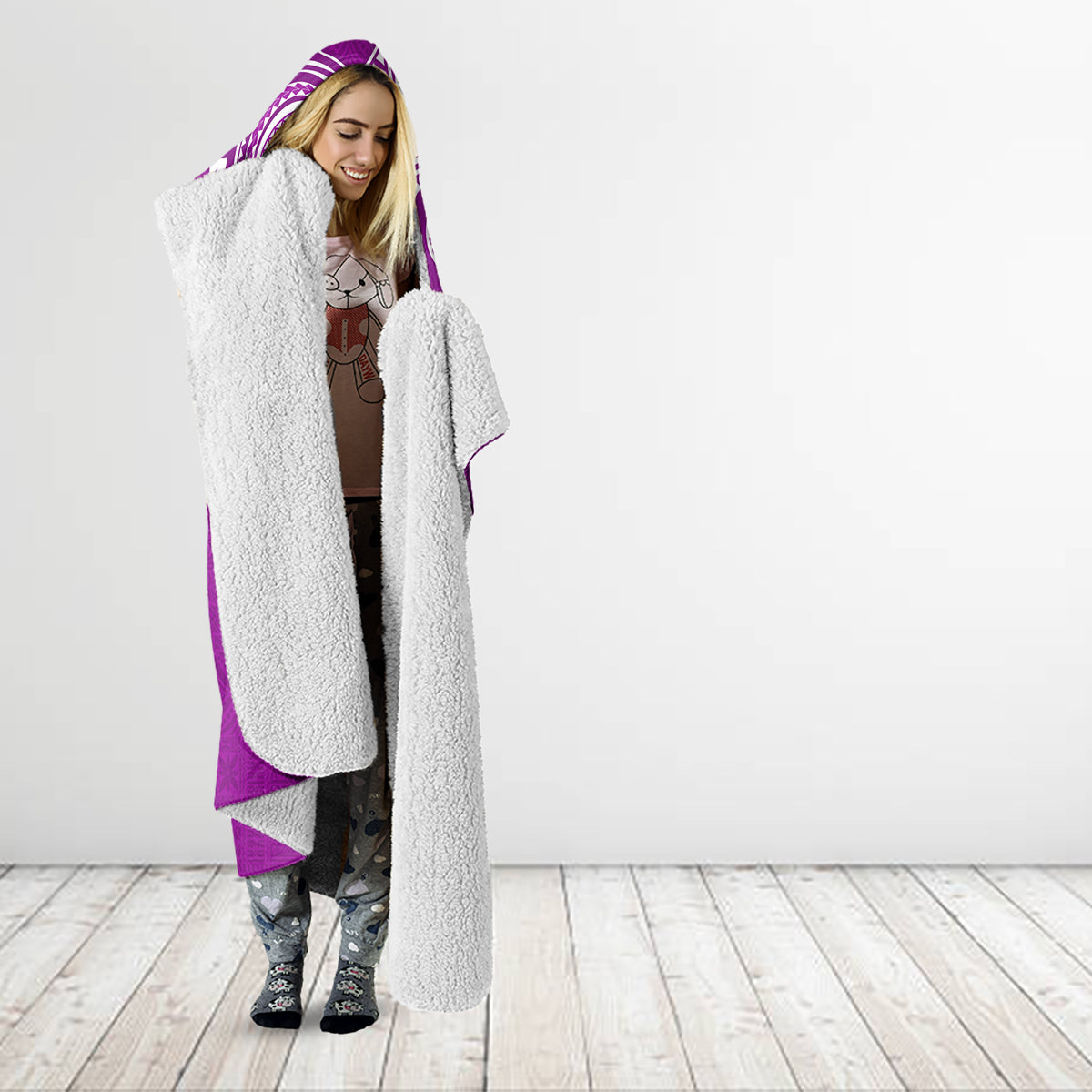 Aloha Polynesian Plumeria Flower Hooded Blanket Purple Color