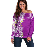 Aloha Polynesian Plumeria Flower Off Shoulder Sweater Purple Color