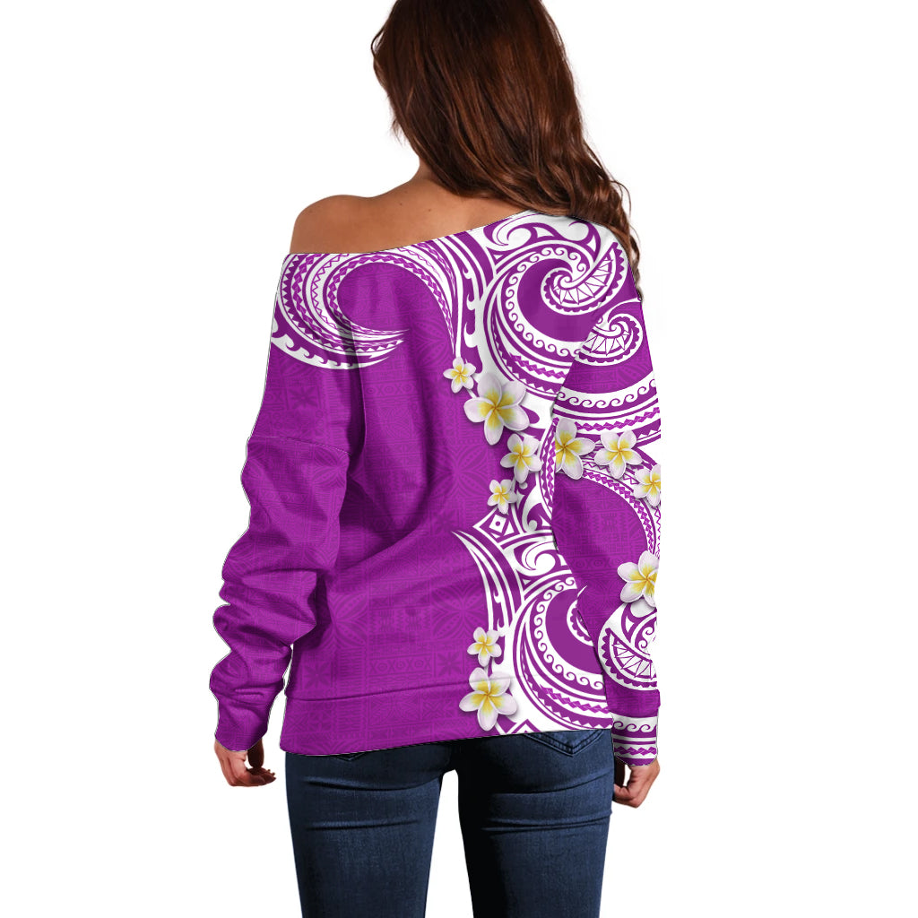 Aloha Polynesian Plumeria Flower Off Shoulder Sweater Purple Color