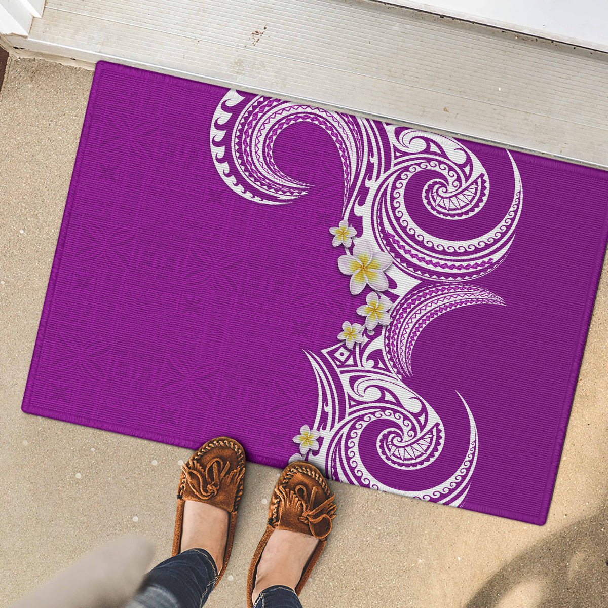 Aloha Polynesian Plumeria Flower Rubber Doormat Purple Color