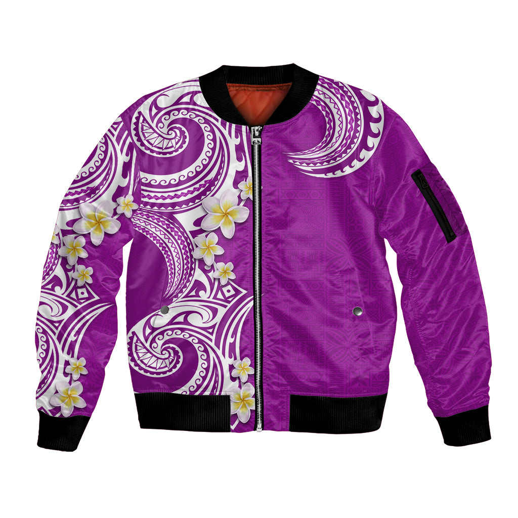 Aloha Polynesian Plumeria Flower Sleeve Zip Bomber Jacket Purple Color LT03 Unisex Purple - Polynesian Pride
