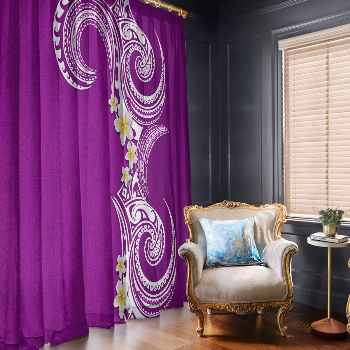 Aloha Polynesian Plumeria Flower Window Curtain Purple Color