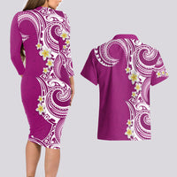 Aloha Polynesian Plumeria Flower Couples Matching Long Sleeve Bodycon Dress and Hawaiian Shirt Pink Color LT03 - Polynesian Pride