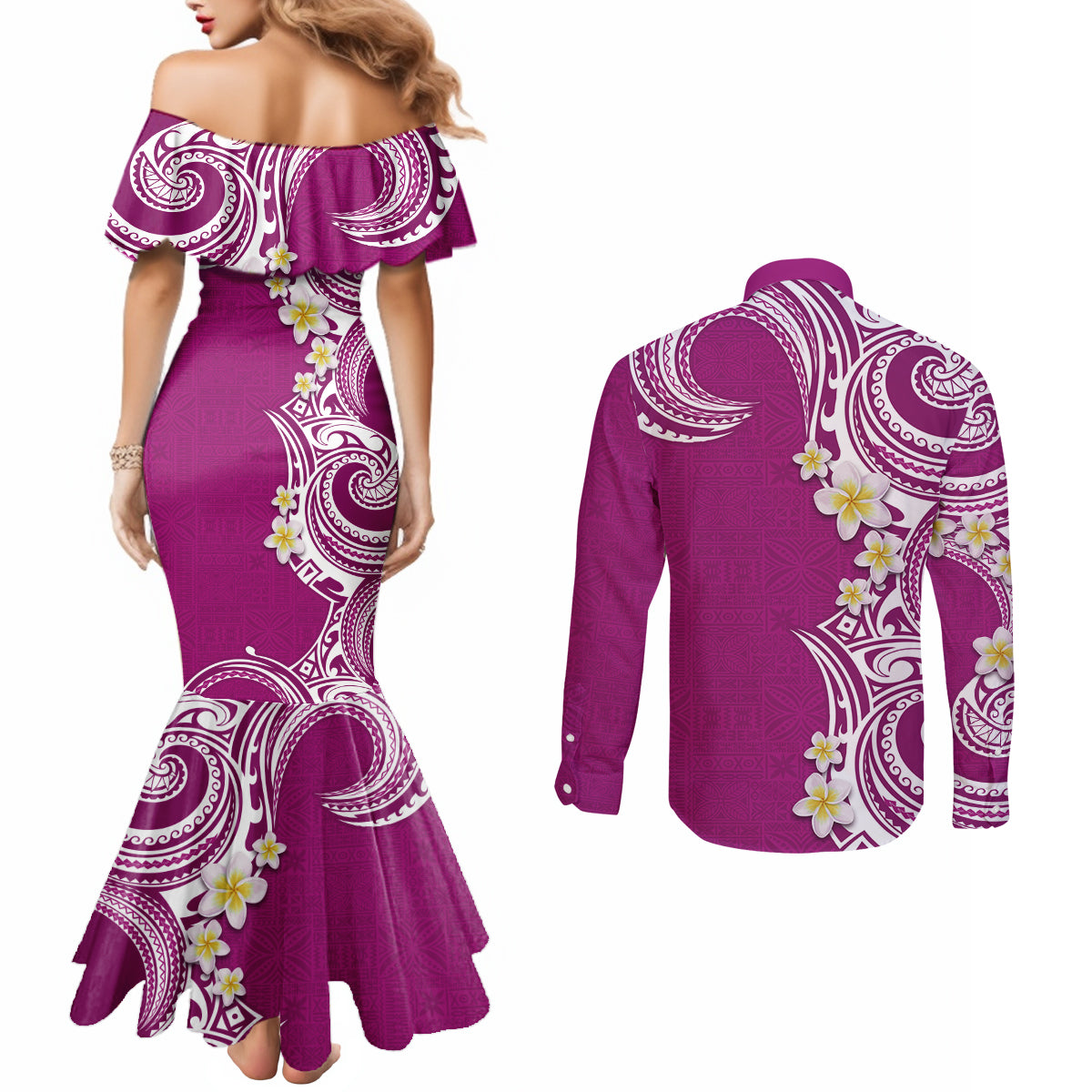 Aloha Polynesian Plumeria Flower Couples Matching Mermaid Dress and Long Sleeve Button Shirt Pink Color
