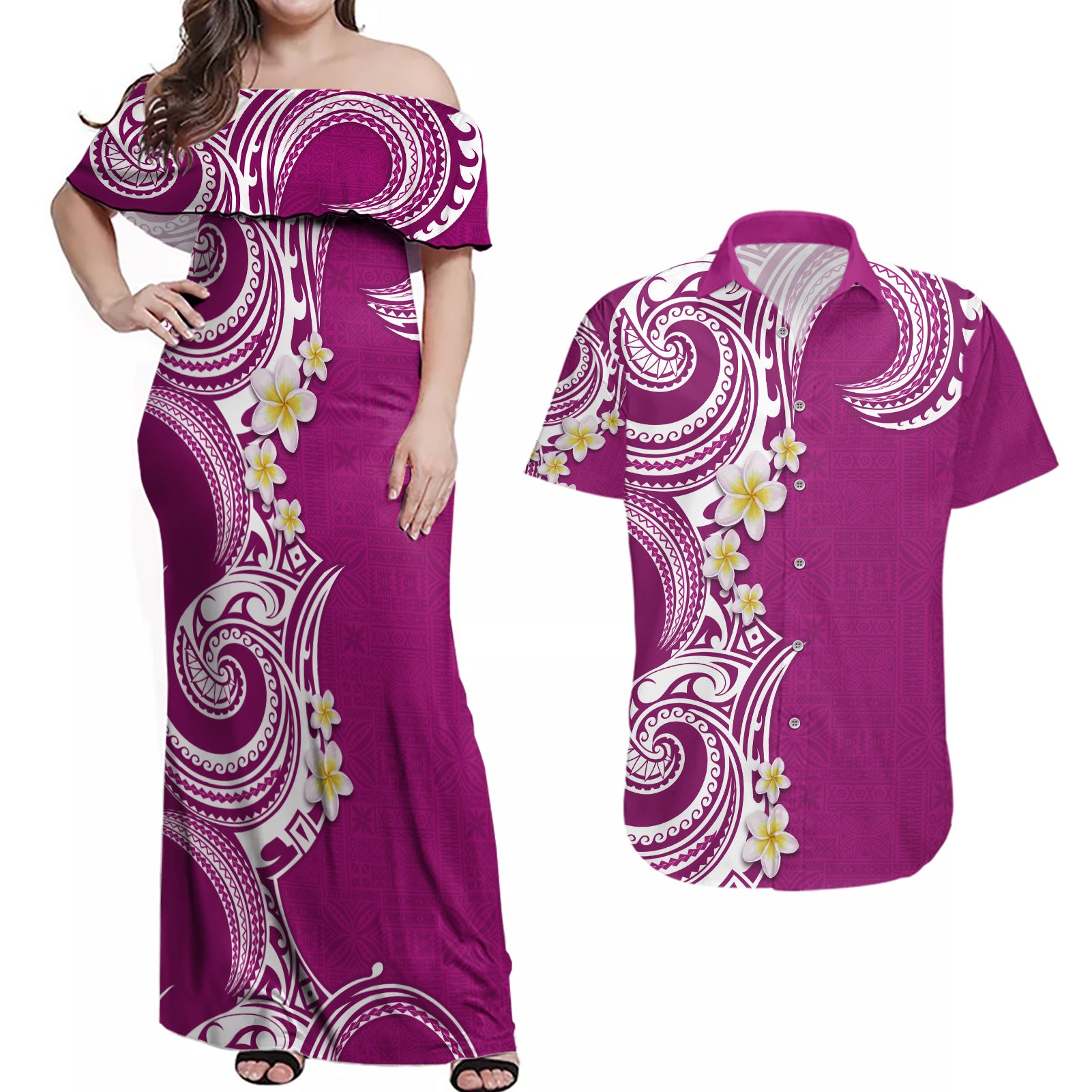 Aloha Polynesian Plumeria Flower Couples Matching Off Shoulder Maxi Dress and Hawaiian Shirt Pink Color