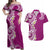 Aloha Polynesian Plumeria Flower Couples Matching Off Shoulder Maxi Dress and Hawaiian Shirt Pink Color