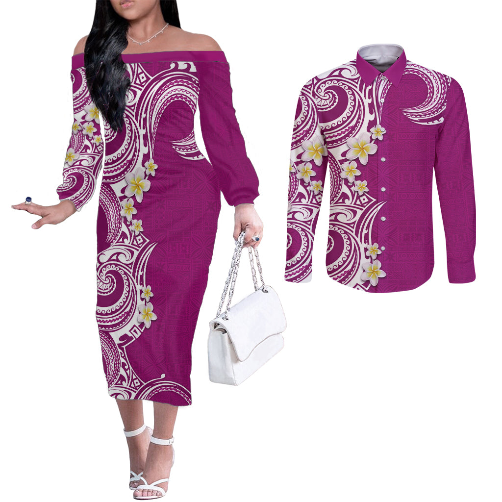 Aloha Polynesian Plumeria Flower Couples Matching Off The Shoulder Long Sleeve Dress and Long Sleeve Button Shirt Pink Color