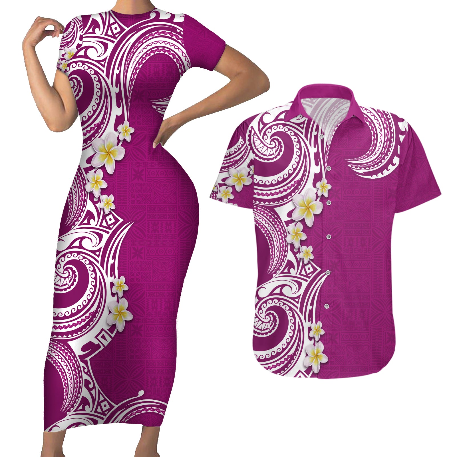 Aloha Polynesian Plumeria Flower Couples Matching Short Sleeve Bodycon Dress and Hawaiian Shirt Pink Color