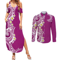 Aloha Polynesian Plumeria Flower Couples Matching Summer Maxi Dress and Long Sleeve Button Shirt Pink Color