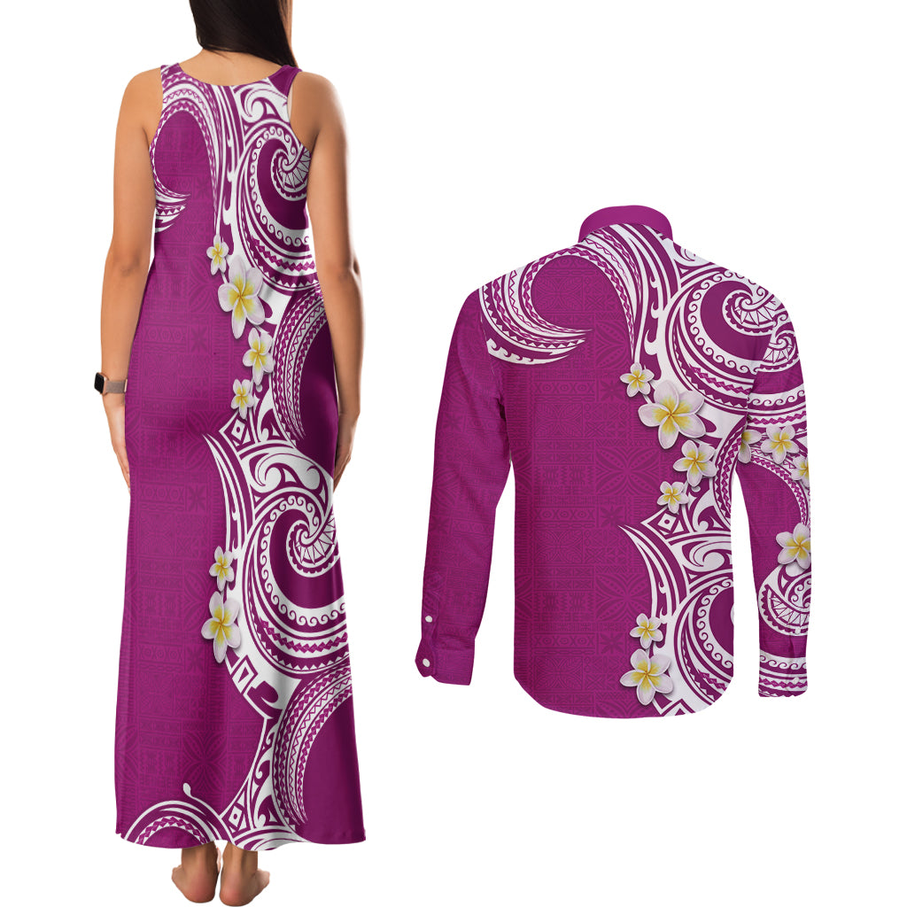 Aloha Polynesian Plumeria Flower Couples Matching Tank Maxi Dress and Long Sleeve Button Shirt Pink Color