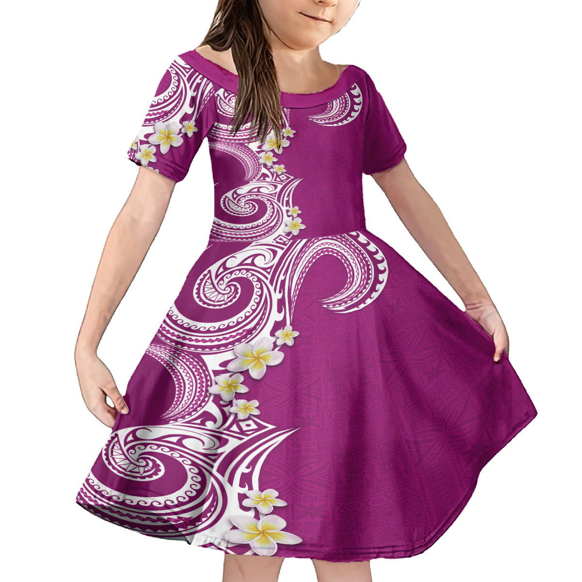 Aloha Polynesian Plumeria Flower Family Matching Long Sleeve Bodycon Dress and Hawaiian Shirt Pink Color LT03 Daughter's Dress Pink - Polynesian Pride