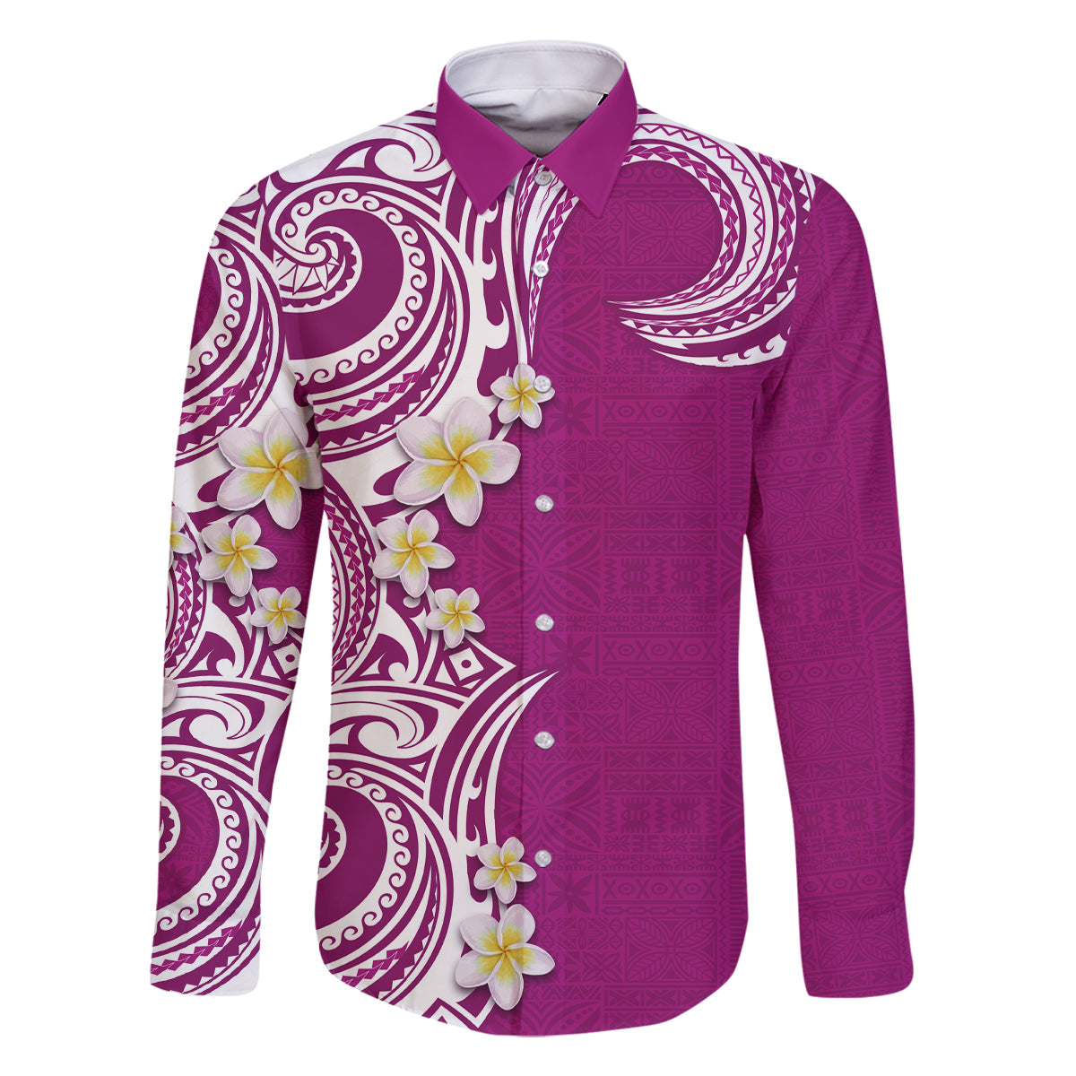 Aloha Polynesian Plumeria Flower Family Matching Long Sleeve Bodycon Dress and Hawaiian Shirt Pink Color LT03 Dad's Shirt - Long Sleeve Pink - Polynesian Pride