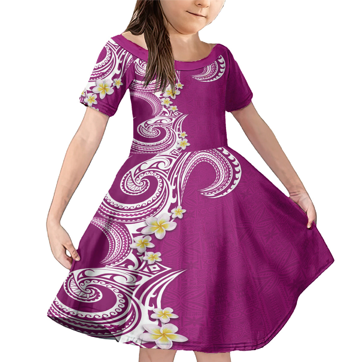 Aloha Polynesian Plumeria Flower Family Matching Mermaid Dress and Hawaiian Shirt Pink Color LT03 Daughter's Dress Pink - Polynesian Pride