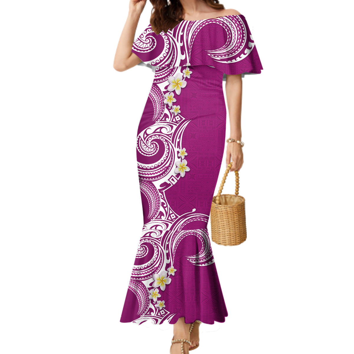 Aloha Polynesian Plumeria Flower Family Matching Mermaid Dress and Hawaiian Shirt Pink Color LT03 Mom's Dress Pink - Polynesian Pride