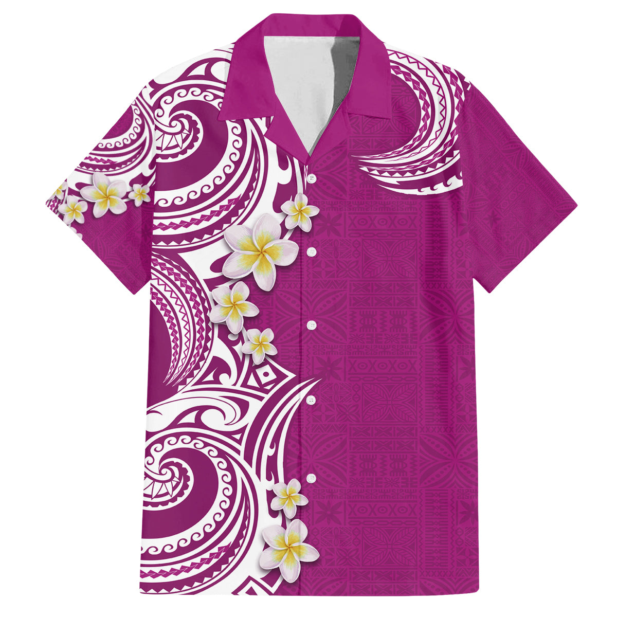 Aloha Polynesian Plumeria Flower Family Matching Off Shoulder Maxi Dress and Hawaiian Shirt Pink Color
