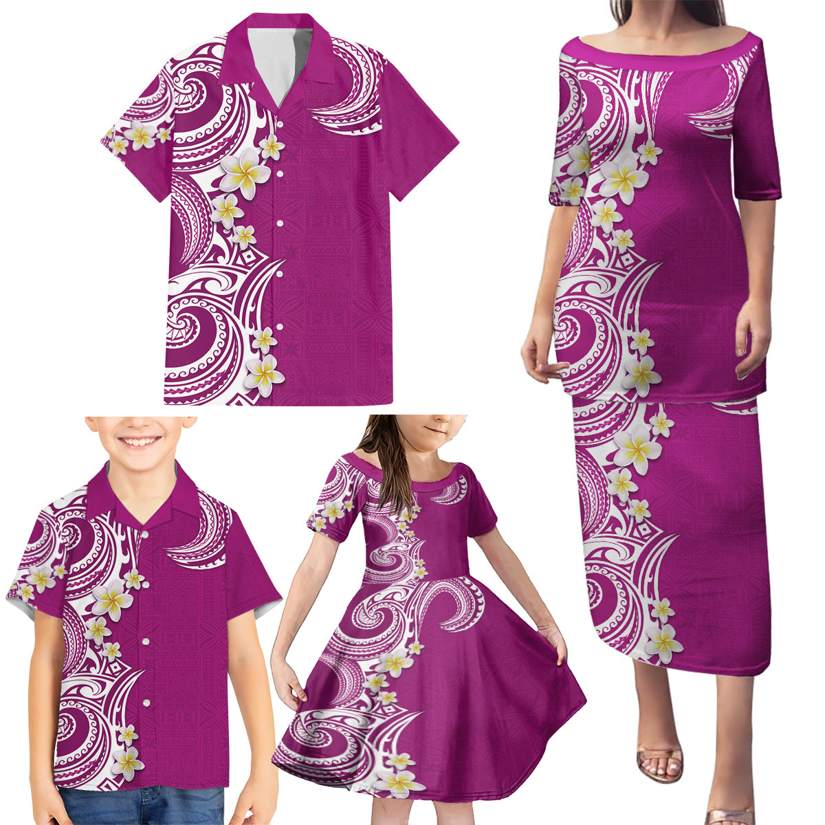 Aloha Polynesian Plumeria Flower Family Matching Puletasi and Hawaiian Shirt Pink Color LT03 - Polynesian Pride