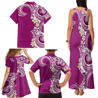 Aloha Polynesian Plumeria Flower Family Matching Tank Maxi Dress and Hawaiian Shirt Pink Color