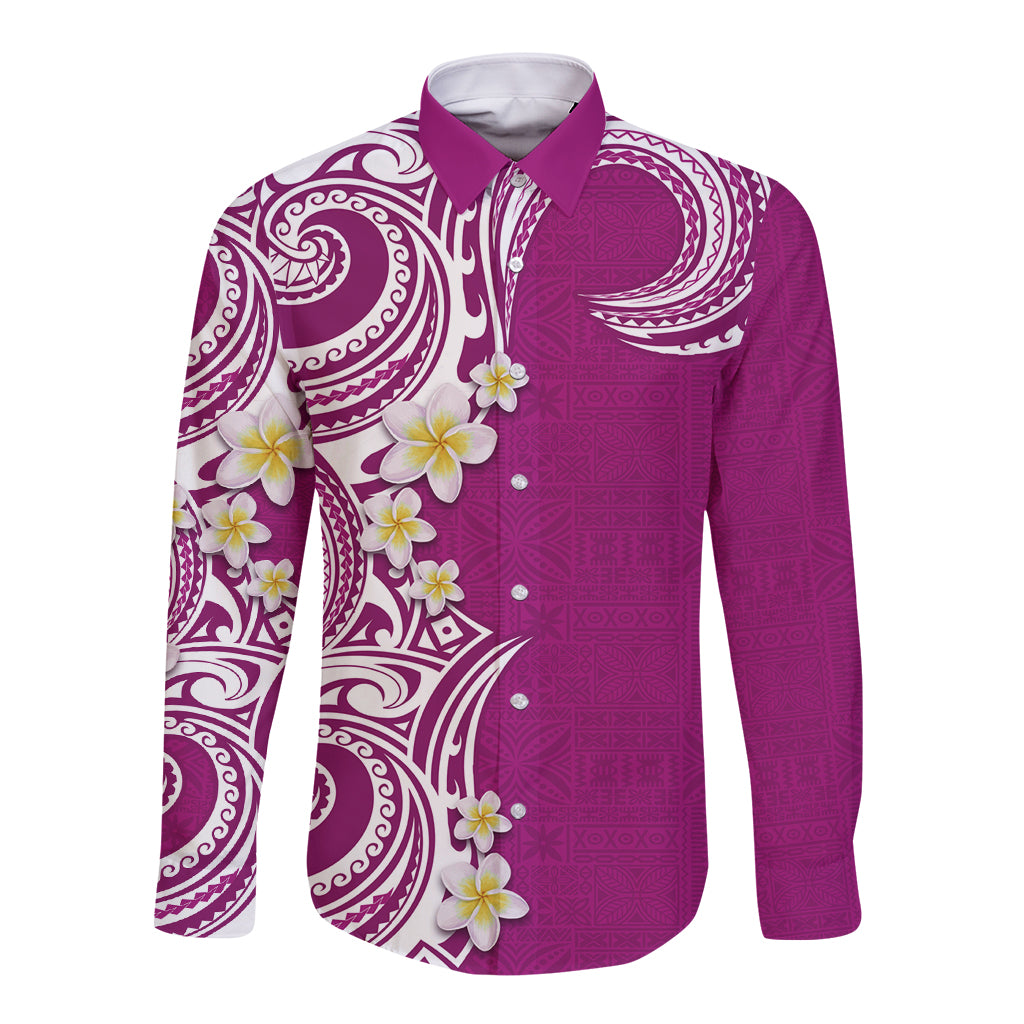 Aloha Polynesian Plumeria Flower Long Sleeve Button Shirt Pink Color