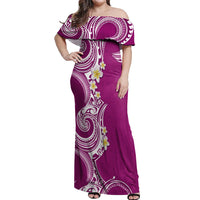 Aloha Polynesian Plumeria Flower Off Shoulder Maxi Dress Pink Color