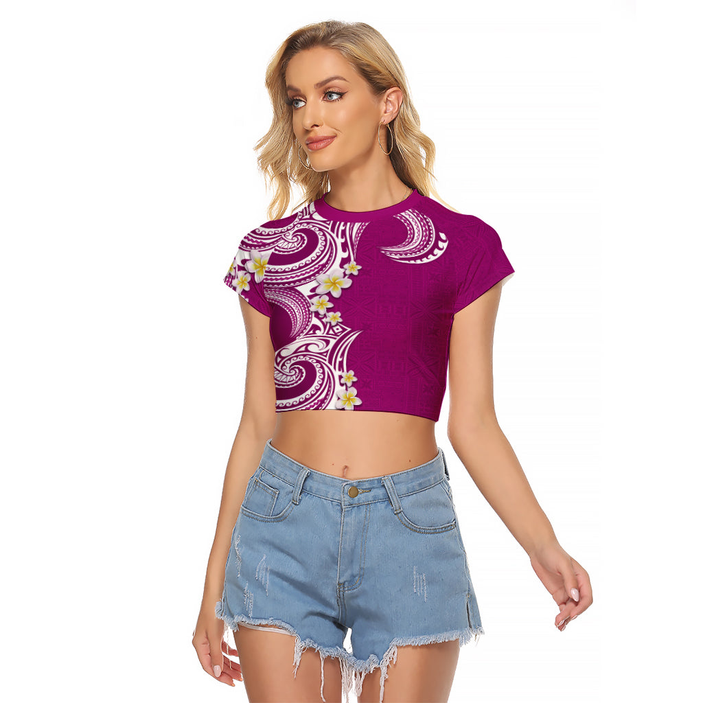 Aloha Polynesian Plumeria Flower Raglan Cropped T Shirt Pink Color