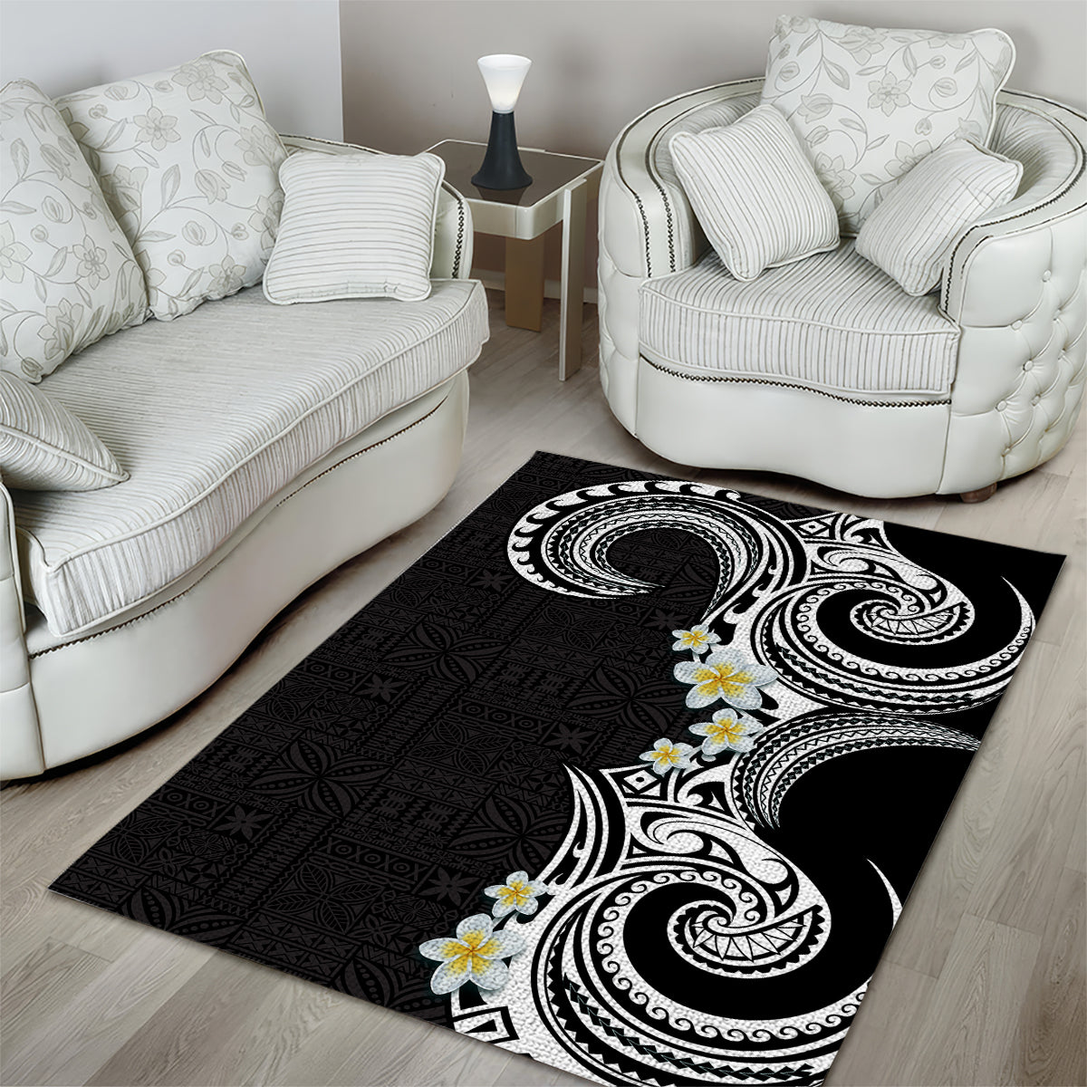 Aloha Polynesian Plumeria Flower Area Rug Black White Color