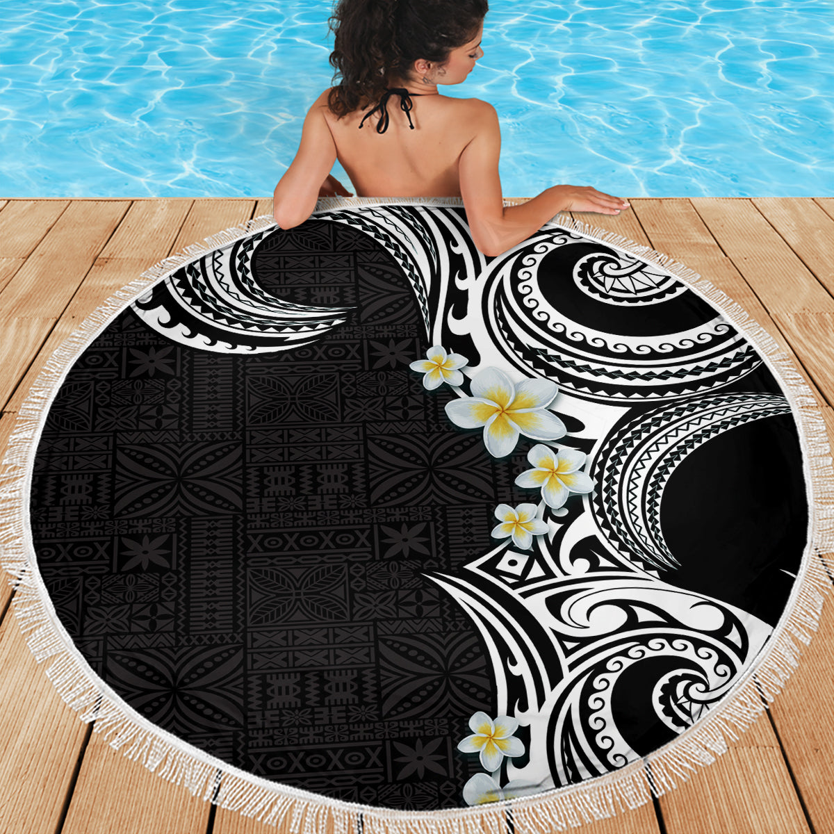 Aloha Polynesian Plumeria Flower Beach Blanket Black White Color