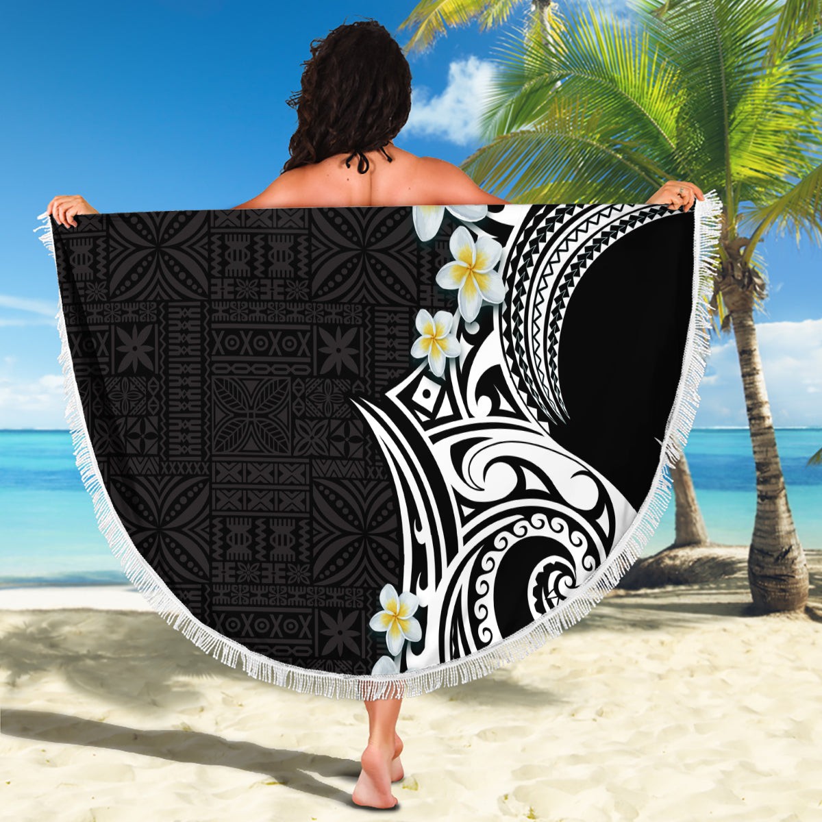 Aloha Polynesian Plumeria Flower Beach Blanket Black White Color