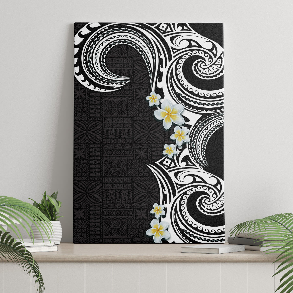 Aloha Polynesian Plumeria Flower Canvas Wall Art Black White Color
